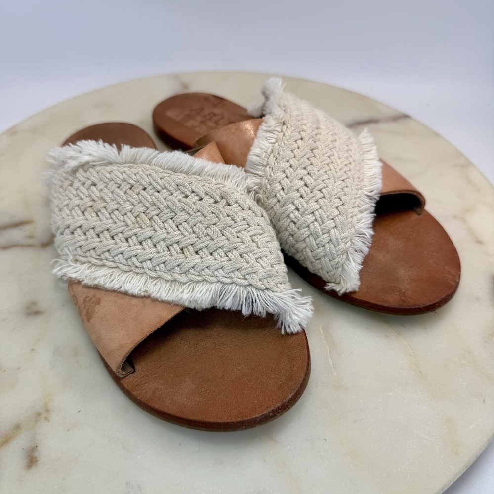ABLE Ren Leather Tan Sandal Flip Flop Slides Fringe Upper